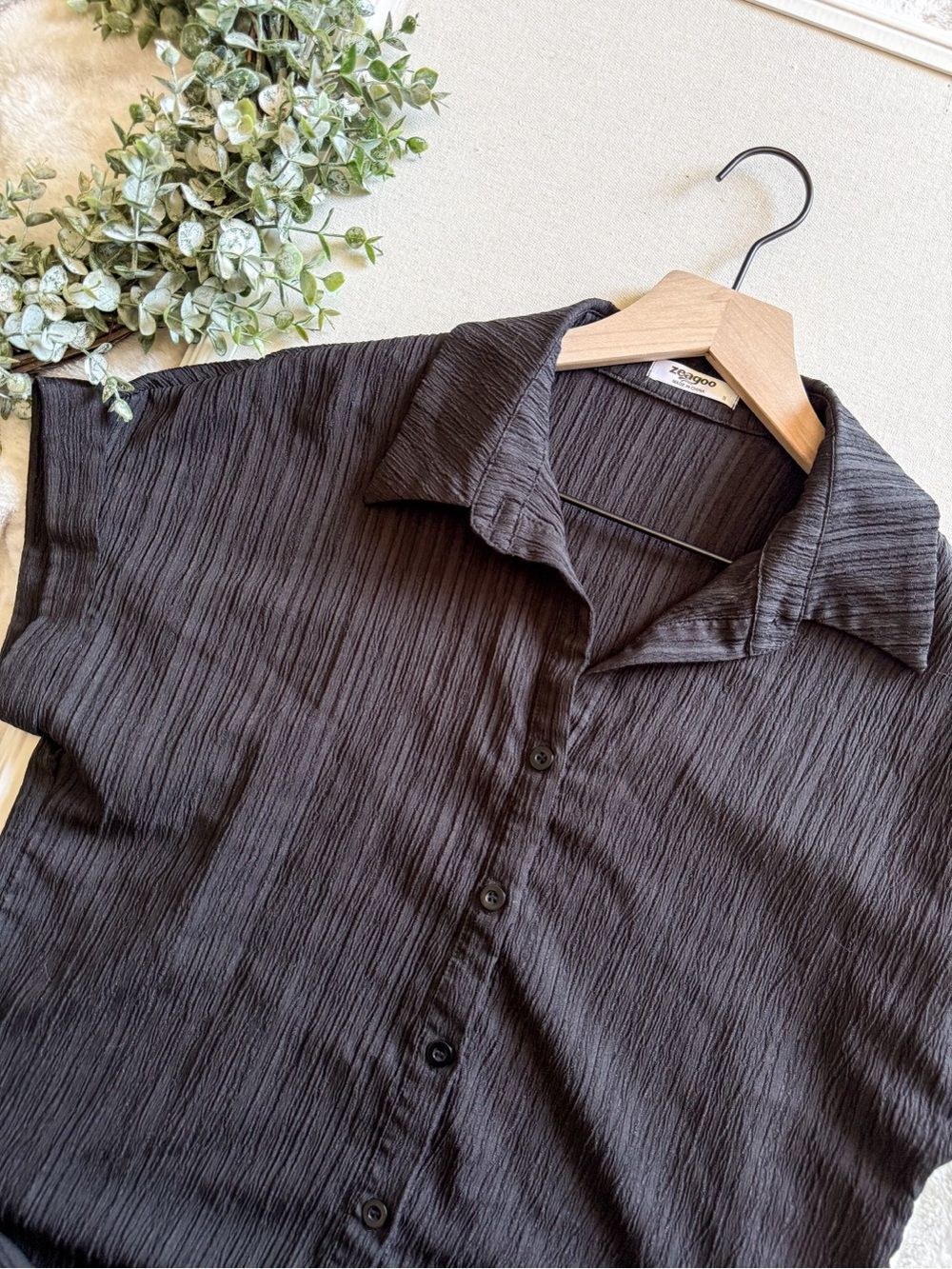 Zeagoo Short Sleeve Button Down Textured Blouse Black Size Small